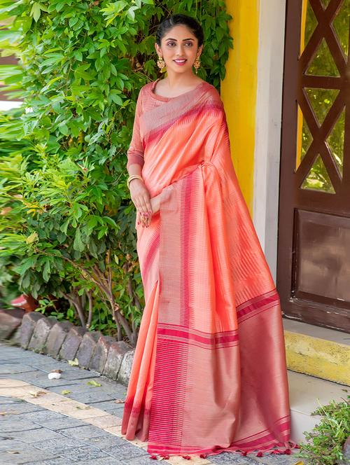 orange self design woven saree with blouse - 19530386 - Very Small Image - 1