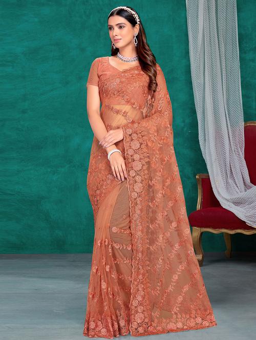 orange self design embroidered saree with blouse - 19530395 - Very Small Image - 1