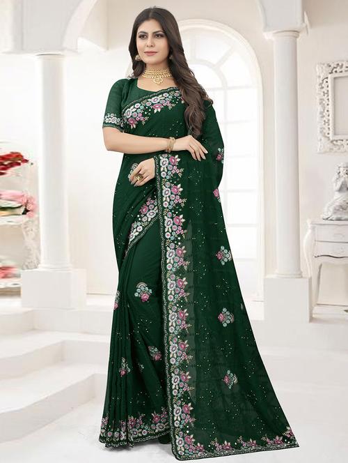 green self design embroidered saree with blouse - 19530408 - Very Small Image - 1