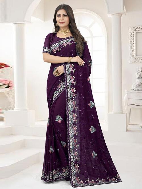 purple self design embroidered saree with blouse - 19530411 - Very Small Image - 1