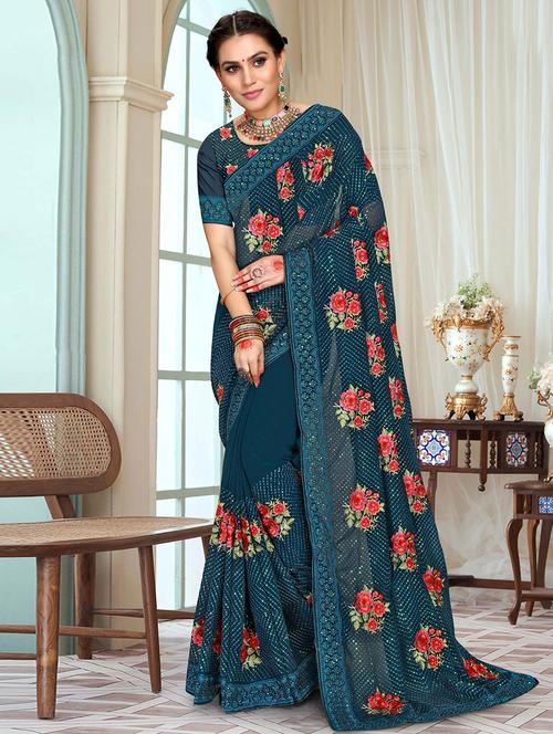 teal self design embroidered saree with blouse - 19530445 - Very Small Image - 1