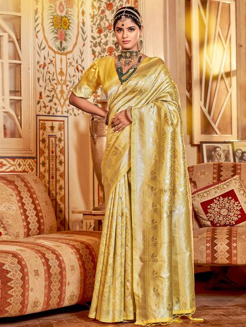 yellow self design woven saree with blouse - 19530699 - Very Small Image - 1