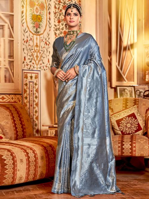 grey self design woven saree with blouse - 19530701 - Very Small Image - 1