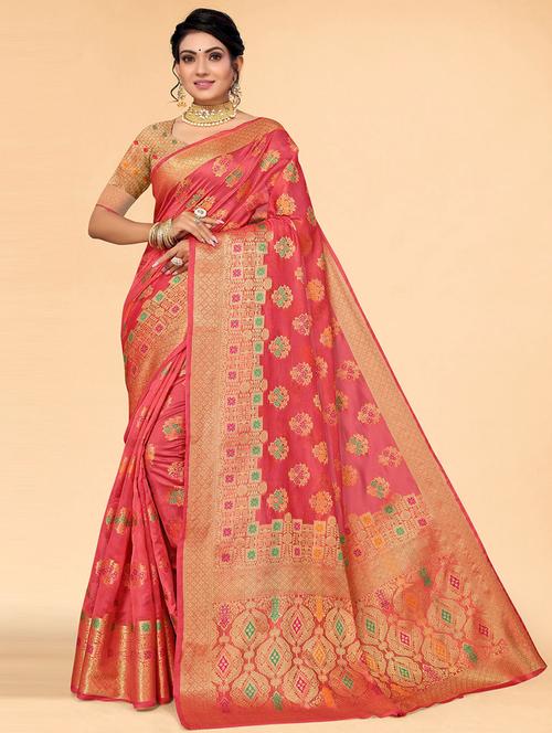 pink self design woven saree with blouse - 19530708 - Very Small Image - 1