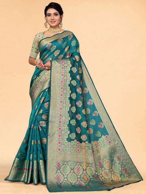 teal self design woven saree with blouse - 19530710 - Very Small Image - 1