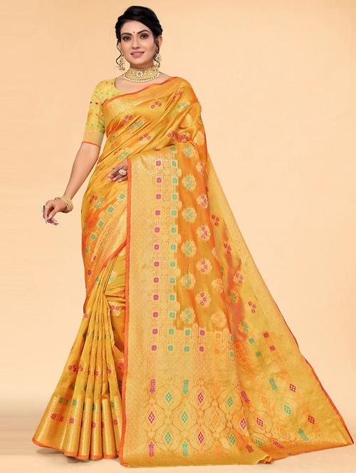 yellow self design woven saree with blouse - 19530711 - Very Small Image - 1