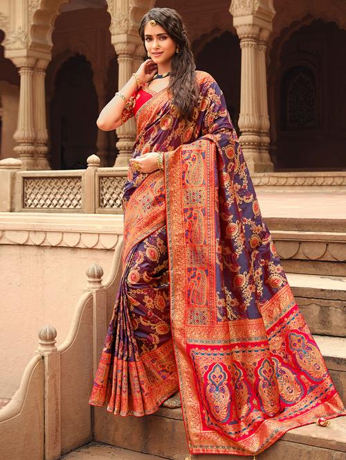 purple silk woven printed saree with blouse - 19530716 - Very Small Image - 1