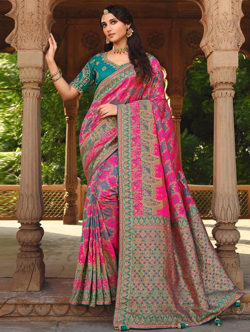 pink self design woven saree with blouse - 19530726 - Very Small Image - 1