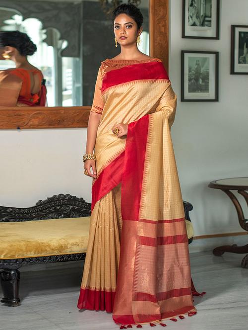 cream self design woven saree with blouse - 19530731 - Very Small Image - 1
