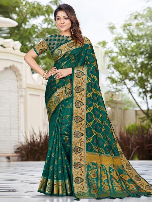 teal self design woven saree with blouse - 19530746 - Very Small Image - 1