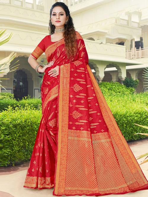 red self design woven saree with blouse - 19530750 - Very Small Image - 1