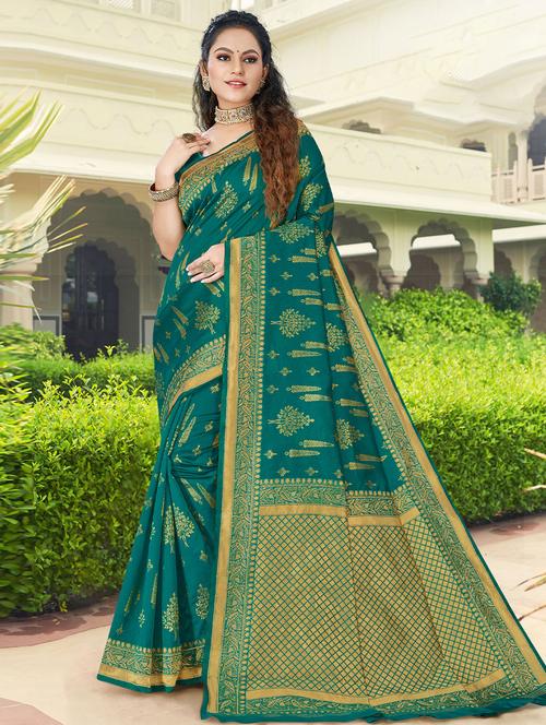 teal self design woven saree with blouse - 19530751 - Very Small Image - 1