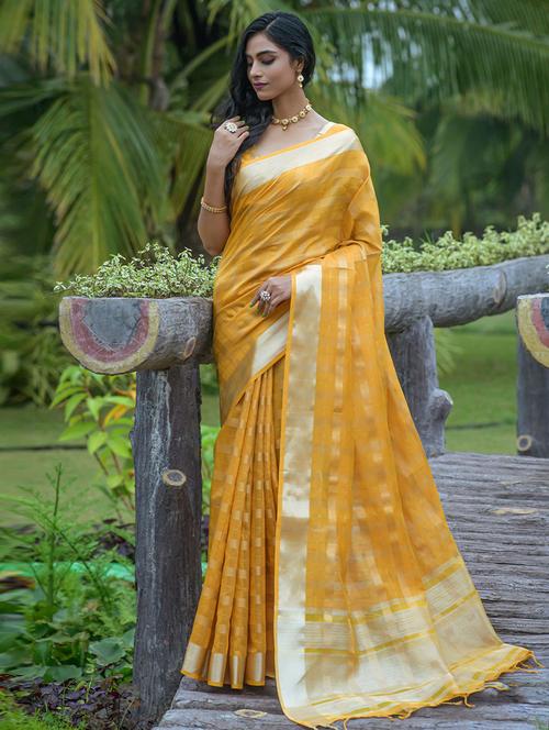 yellow self design woven saree with blouse - 19530787 - Very Small Image - 1