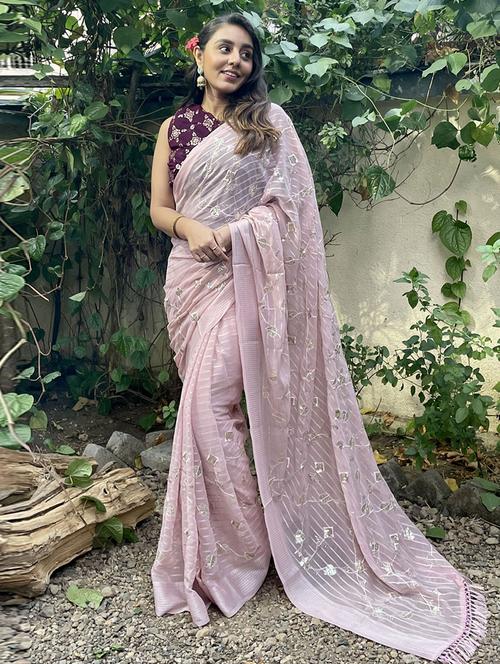 pink self design embroidered saree with blouse - 19530805 - Very Small Image - 1