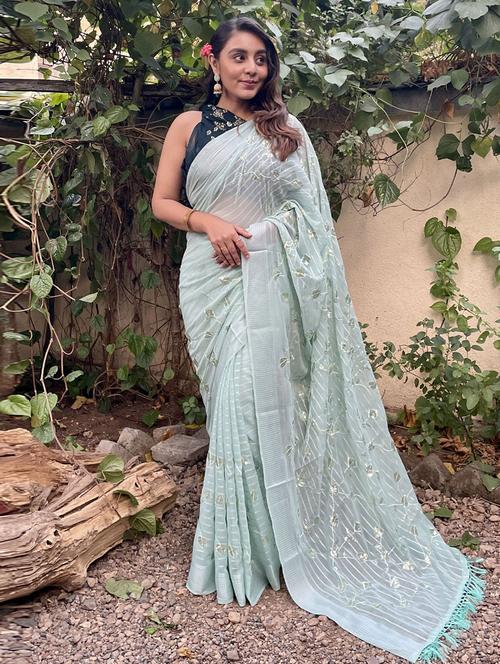 light blue self design embroidered saree with blouse - 19530807 - Very Small Image - 1
