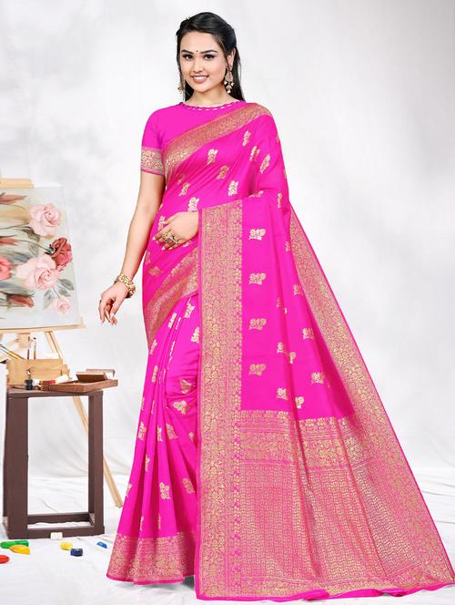 pink self design woven saree with blouse - 19530827 - Very Small Image - 1