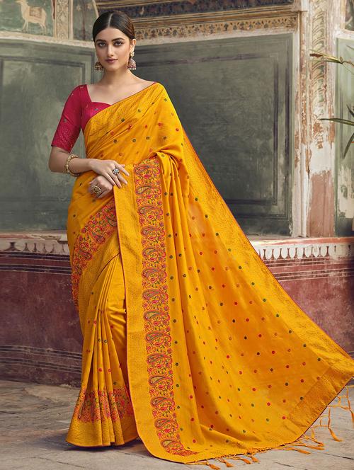 yellow self design embroidered saree with blouse - 19530855 - Very Small Image - 1