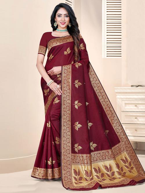 maroon self design woven saree with blouse - 19530869 - Very Small Image - 1