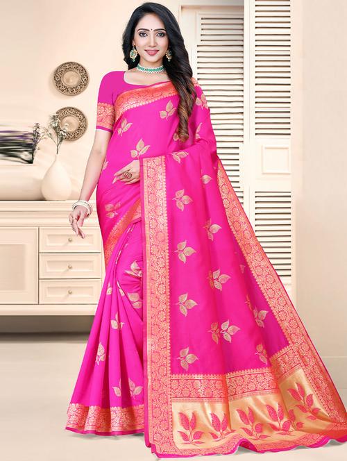 pink self design woven saree with blouse - 19530872 - Very Small Image - 1
