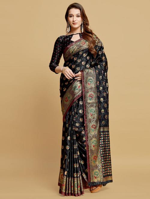 contrast bordered woven saree with blouse - 19530885 - Very Small Image - 1