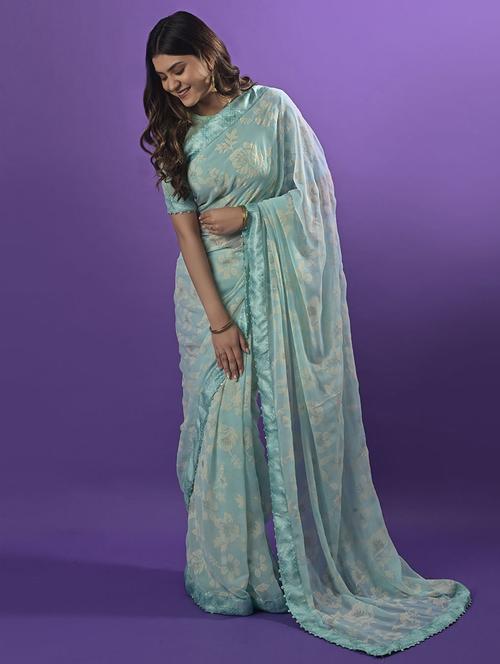 lace bordered printed saree with blouse - 19530893 - Very Small Image - 1