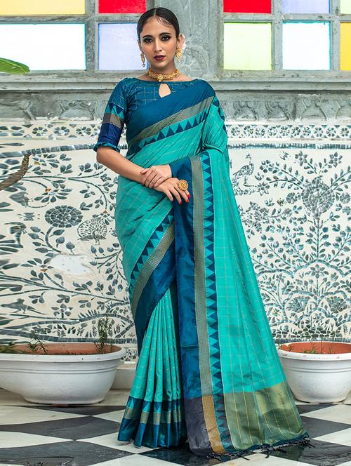 contrast bordered woven saree with blouse - 19531017 - Very Small Image - 1