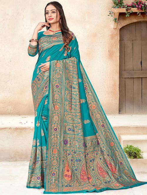 contrast bordered woven saree with blouse - 19531038 - Very Small Image - 1