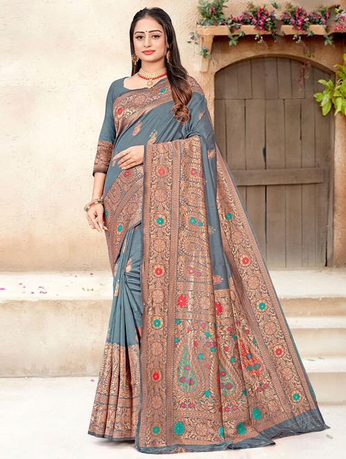 contrast bordered woven saree with blouse - 19531039 - Very Small Image - 1