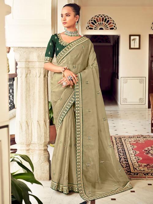 embroidered bordered saree with blouse - 19531307 - Very Small Image - 1