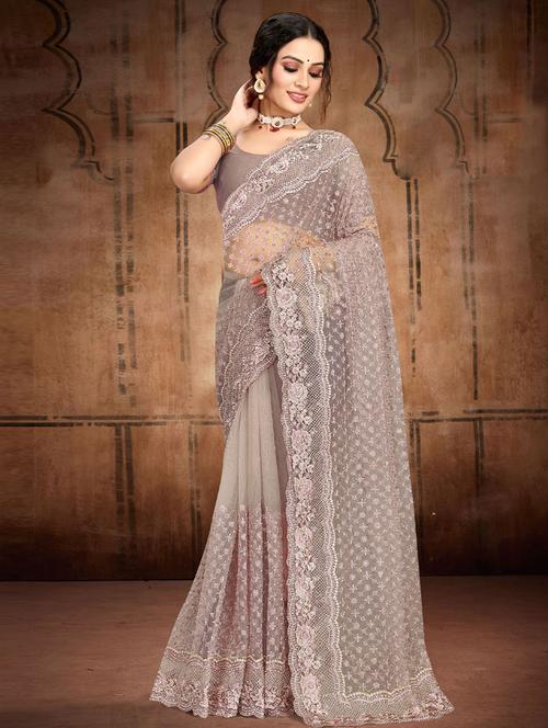 grey self design embroidered saree with blouse - 19531321 - Very Small Image - 1