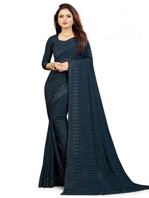 teal self design embroidered saree with blouse - 19531333 - Very Small Image - 1
