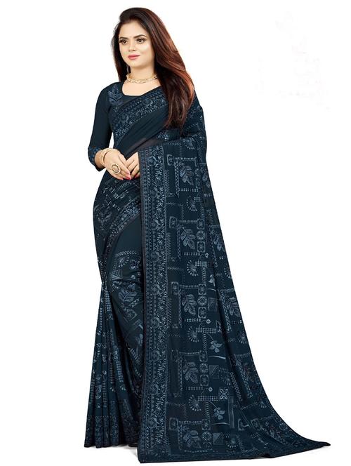 teal self design embroidered saree with blouse - 19531338 - Very Small Image - 1