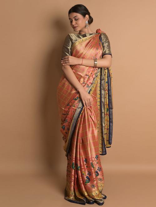 check printed saree with blouse - 19531365 - Very Small Image - 1