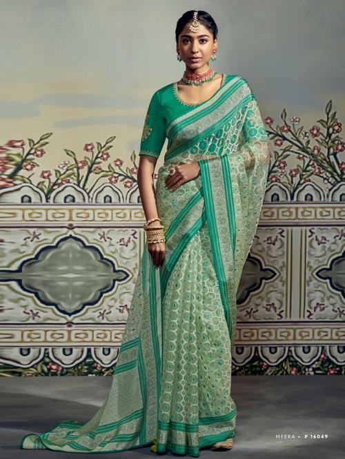 green printed saree with blouse - 19531381 - Very Small Image - 1