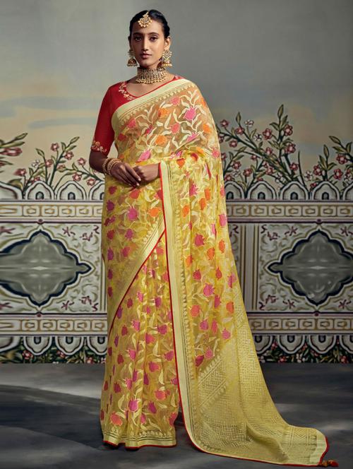 yellow printed saree with blouse - 19531386 - Very Small Image - 1