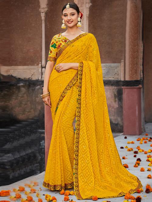 yellow printed bordered saree with blouse - 19531396 - Very Small Image - 1