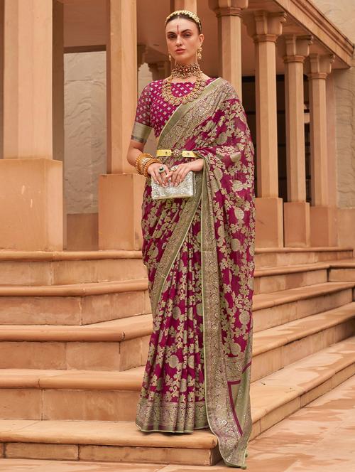 magenta self design woven saree with blouse - 19531402 - Very Small Image - 1