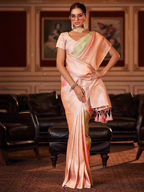 peach self design woven saree with blouse - 19531428 - Very Small Image - 1