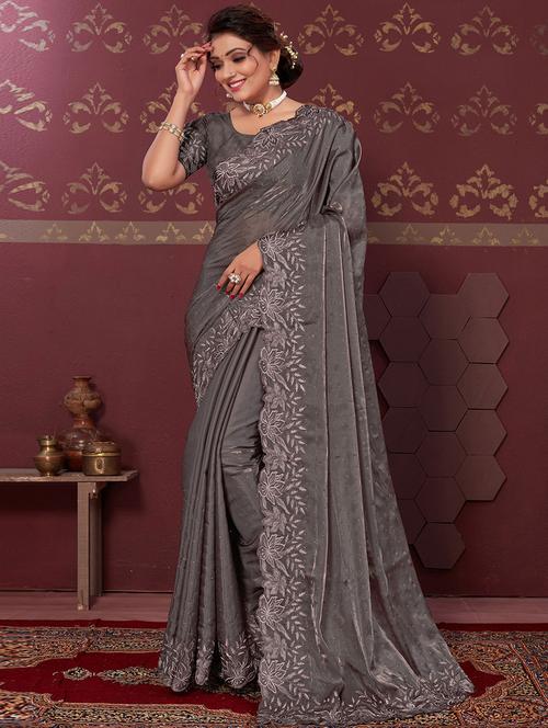 embroidered bordered saree with blouse - 19531441 - Very Small Image - 1