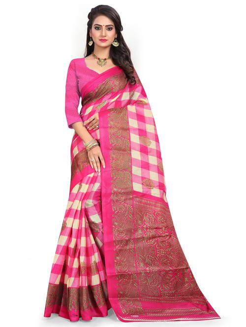 women's checks pink colored saree with blouse - 19531873 - Very Small Image - 1