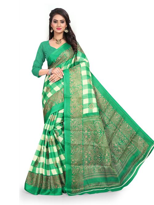 women's checks green colored saree with blouse - 19531876 - Very Small Image - 1