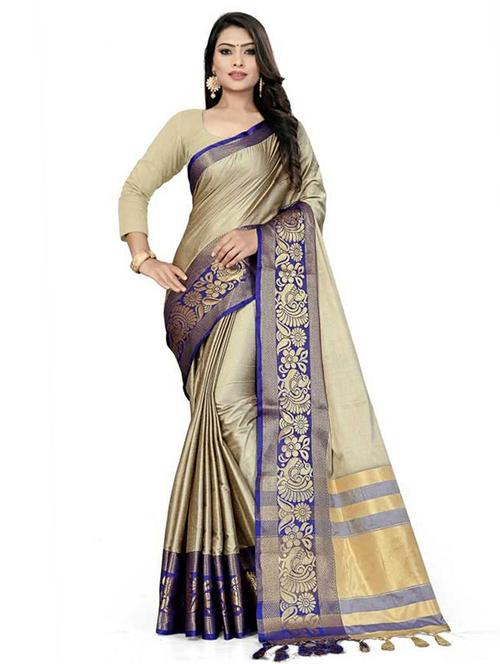 women's self design beige colored saree with blouse - 19532065 - Very Small Image - 1