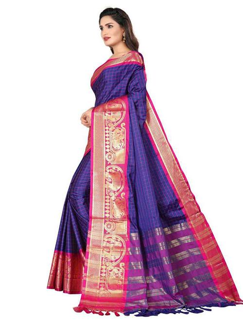 women's self design navy blue colored saree with blouse - 19532071 - Very Small Image - 1