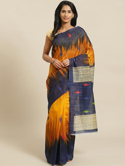yellow cotton blend printed woven saree with blouse - 19532479 - Very Small Image - 1