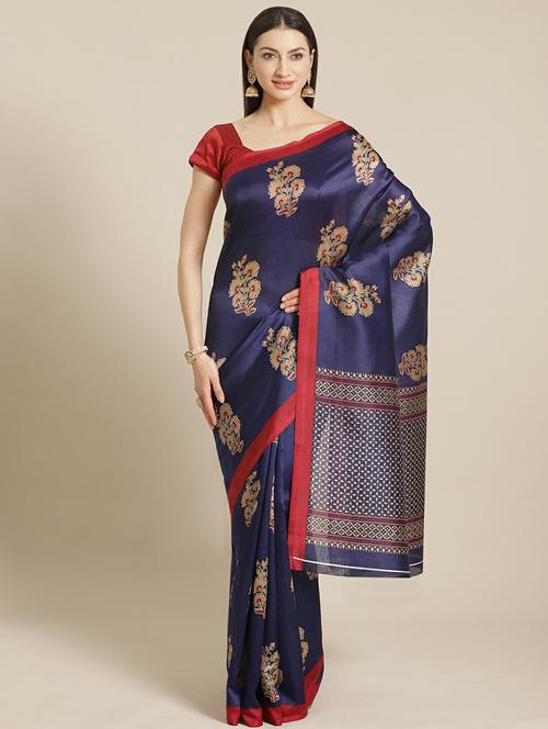 women's self design navy blue colored saree with blouse - 19532490 - Very Small Image - 1