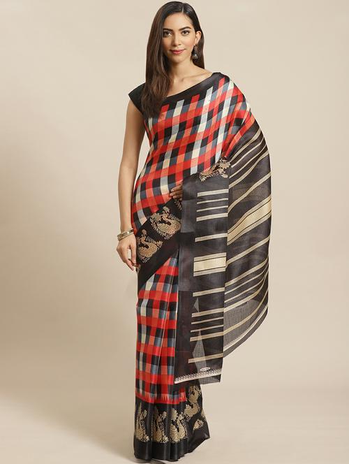 red khadi printed woven saree with blouse - 19532512 - Very Small Image - 1