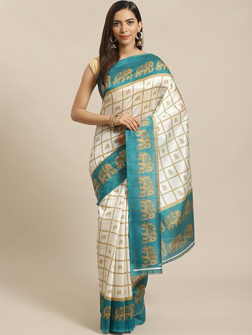 white printed mysore silk saree with blouse - 19532537 - Very Small Image - 1