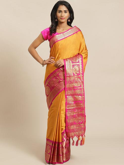 women's self design mustard colored saree with blouse - 19532582 - Very Small Image - 1