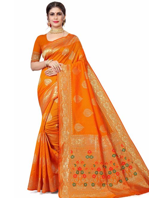 women's self design orange colored saree with blouse - 19532747 - Very Small Image - 1
