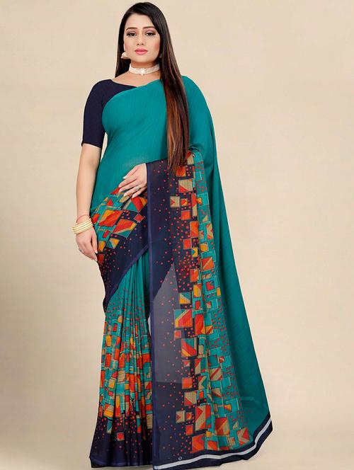 teal printed saree with blouse - 19532830 - Very Small Image - 1